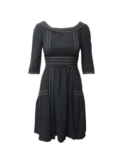 Pre-owned Prada Contrast-stitch Midi Dress In Black