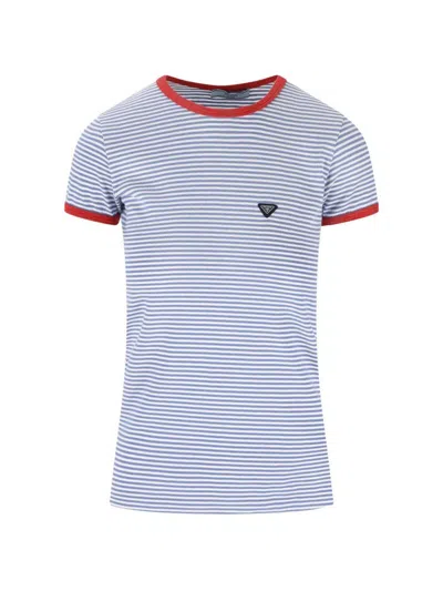 Prada Contrast-trim Striped Cotton T-shirt Clothing In Blue