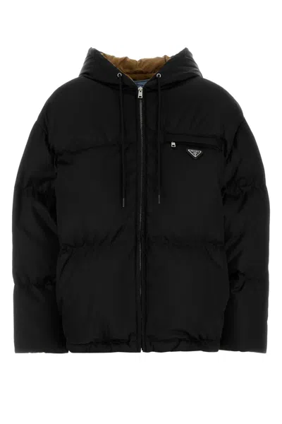 Prada Contrasting Lining Hooded Down Jacket In Black
