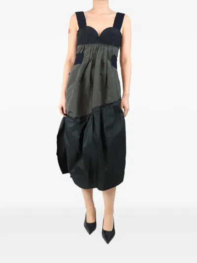 Pre-owned Prada Contrast-panel Pleated Midi Dress In Black
