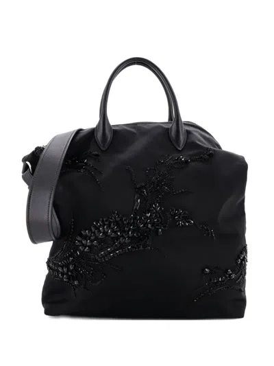 Pre-owned Prada Convertible Beaded Tessuto Medium Tote Bag In Black
