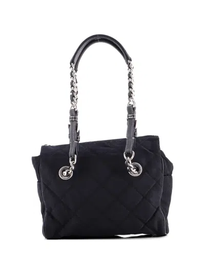 Pre-owned Prada Convertible Chain Tote Quilted Tessuto Medium Shoulder Bag In Black