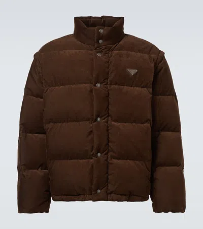 Prada Convertible Cotton Corduroy Down Jacket In Brown