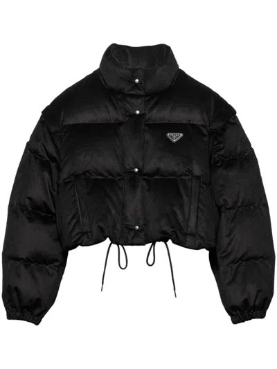 Prada Convertible Cropped Puffer Jacket In Black