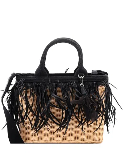 Pre-owned Prada Convertible Fringe Basket Bag Wicker And Woven Straw Small Tote Bag In Black