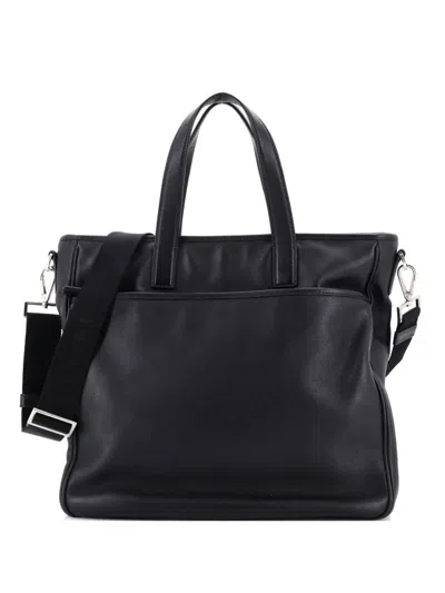 Pre-owned Prada Convertible Front Pocket Briefcase Leather Medium Tote Bag In Black