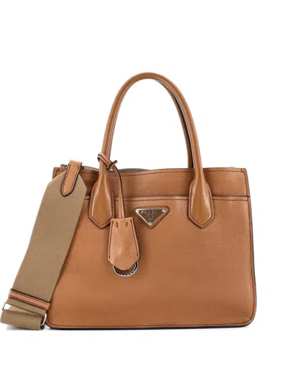 Pre-owned Prada Convertible Front Pocket Shopping Vitello Daino Medium Tote Bag In Brown
