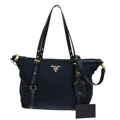 Pre-owned Prada Convertible Logo Tote Tessuto And Leather Nylon Bag () In Blue