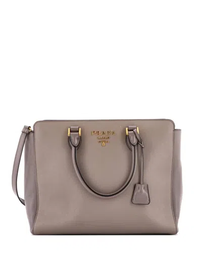 Pre-owned Prada Convertible Open Saffiano Leather Medium Tote Bag In Gray