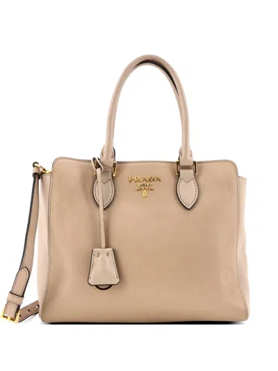 Pre-owned Prada Convertible Open Saffiano Leather Small Tote Bag In Neutral