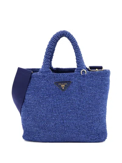 Pre-owned Prada Convertible Open Tricot Raffia Medium Tote Bag In Blue