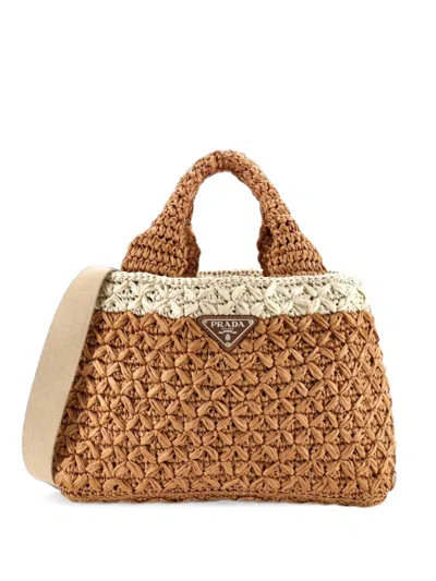 Pre-owned Prada Convertible Open Woven Raffia Small Tote Bag In Brown