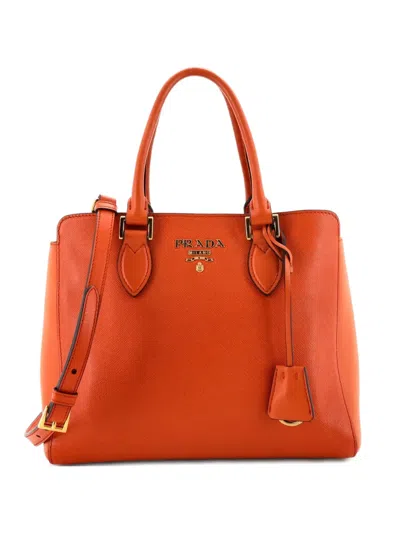 Pre-owned Prada Convertible Saffiano With Soft Calf Small Tote Bag In Orange