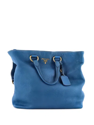 Pre-owned Prada Convertible Shopper Vitello Daino Large Tote Bag In Blue