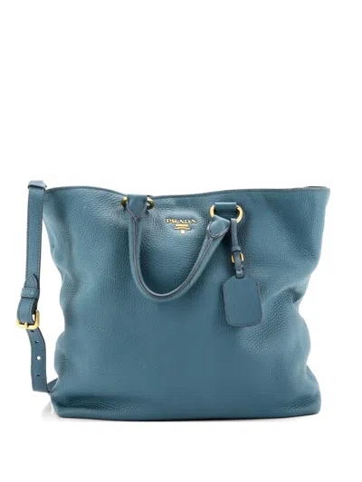 Pre-owned Prada Convertible Shopper Vitello Daino Large Tote Bag In Blue