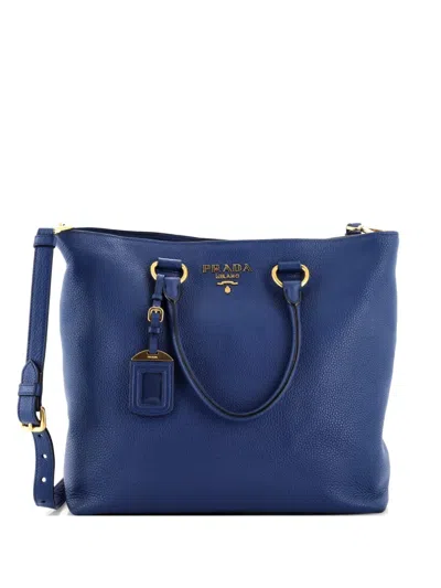 Pre-owned Prada Convertible Shopper Vitello Daino Large Tote Bag In Blue