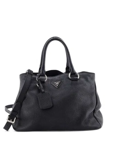 Pre-owned Prada Convertible Shopping Vitello Daino Medium Tote Bag In Black