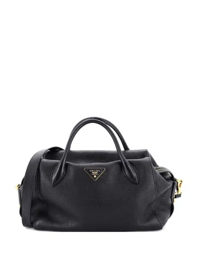 Pre-owned Prada Convertible Top Handle Satchel Vitello Daino Medium Shoulder Bag In Black