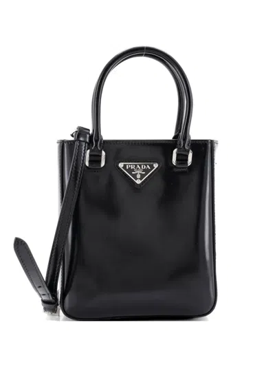 Pre-owned Prada Convertible Tote Brushed Leather Small Crossbody Bag In Black
