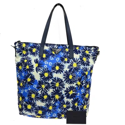 Pre-owned Prada Convertible Tote Printed Tessuto With Saffiano Synthetic Bag () In Blue