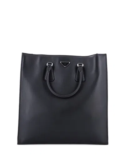 Pre-owned Prada Convertible Triangle Shopper Soft Calf Medium Tote Bag In Black