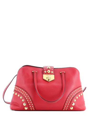 Pre-owned Prada Convertible Turnlock Dome Studded Saffiano Leather Medium Satchel In Red