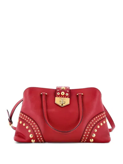 Pre-owned Prada Convertible Turnlock Dome Studded Saffiano Leather Medium Satchel In Red
