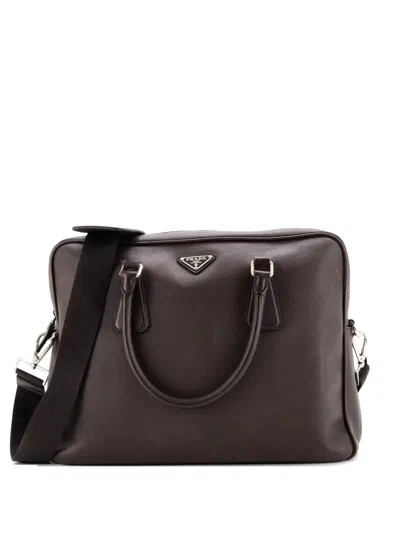 Pre-owned Prada Convertible Zip Around Briefcase Saffiano Leather Medium Business Bag In Brown