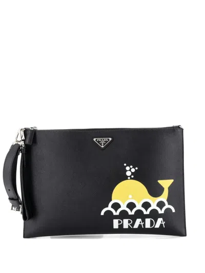 Pre-owned Prada Convertible Zip Clutch Printed Saffiano Leather Crossbody Bag In Black