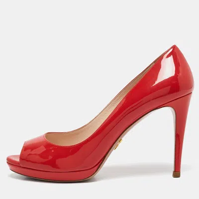 Pre-owned Prada Coral Pink Patent Leather Peep Toe Pumps Size 38