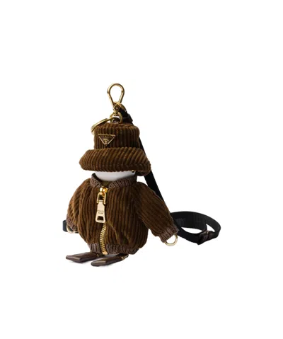 Prada Corduroy Charm Keychain In Tabak