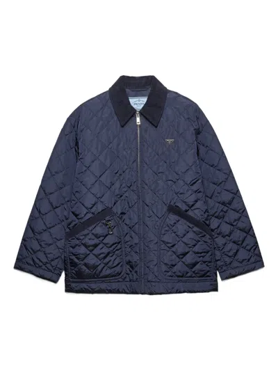 Prada Corduroy-collar Quilted Puffer Jacket In Blue