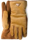 Prada Mens Yellow Logo-patch Corduroy Gloves In Neutrals