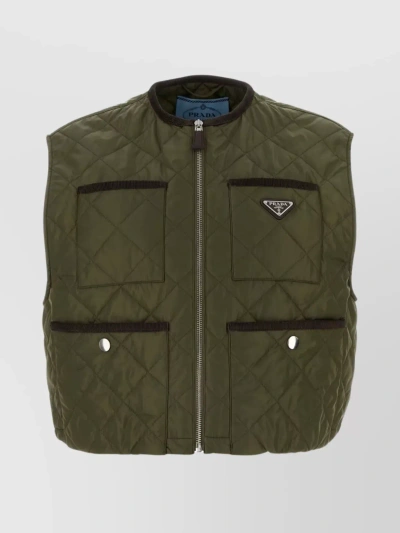 Prada Corduroy Trimmings Quilted Sleeveless Jacket In Green