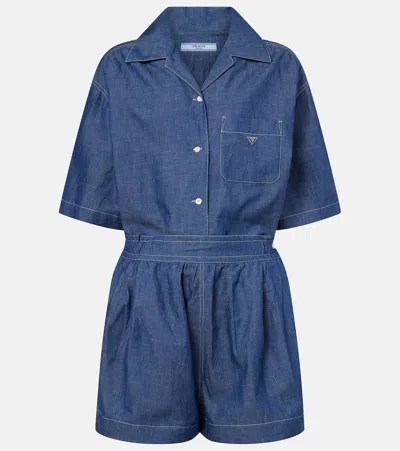 Prada Cotton And Linen Chambray Romper In Blue