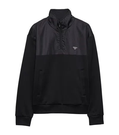 Prada Cotton And Re-nylon Half-zip Jacket In Black