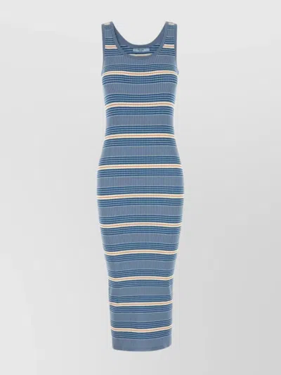 Prada Cotton Blend Dress Featuring Ribbed Texture In Blue