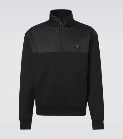 Prada Cotton Fleece Half-zipper Sweatshirt With Re-nylon Details In Black