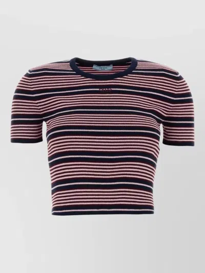 Prada Cotton Blend Striped Cropped Crew Neck T-shirt In Brown