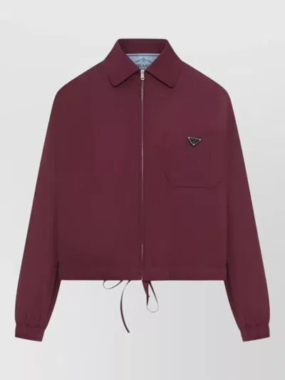 Prada Cotton Blend Zip Jacket Collar Drawstring In Burgundy