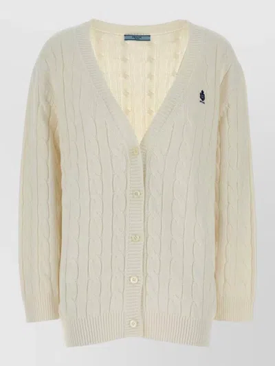 Prada Cotton Cardigan Cable Knit V Neck In Neutral