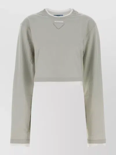 Prada Cotton Crew Neck Cropped Long Sleeve Top In Multi