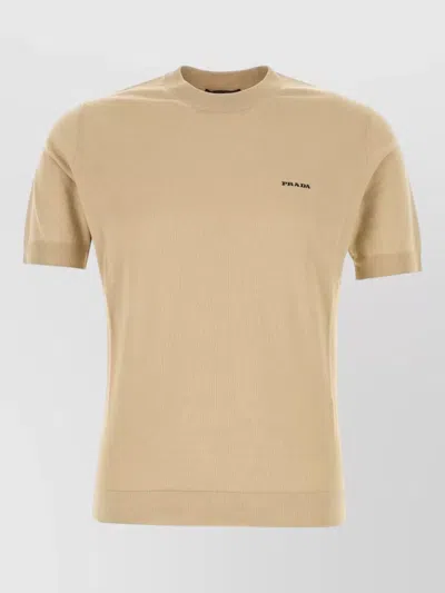 Prada Cotton Crew Neck Short Sleeve Sweater In Brown