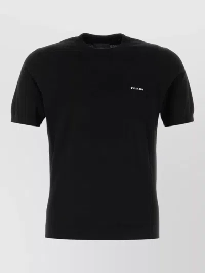 Prada Cotton Crew Neck Short Sleeve Sweater In Black