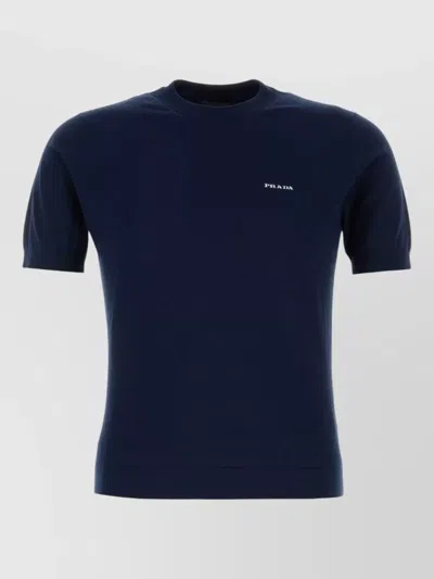 Prada Cotton Crew Neck Short Sleeve Sweater In Blue