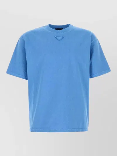 Prada Cotton Crew Neck Short Sleeve T Shirt In Blue