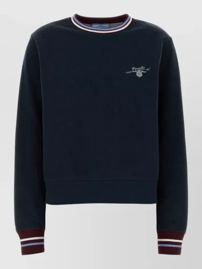 Prada Cotton Crew Neck Sweatshirt Long Sleeves In Blue