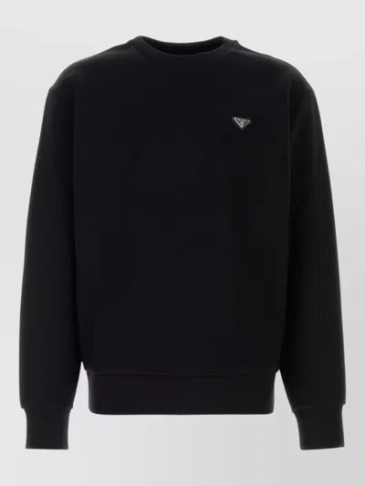 Prada Cotton Crew Neck Sweatshirt Long Sleeves In Black