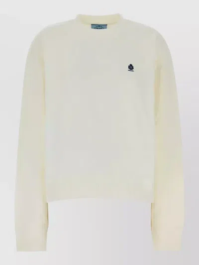 Prada Cotton Crew Neck Sweatshirt Ribbed Hem Cuffs In Yellow