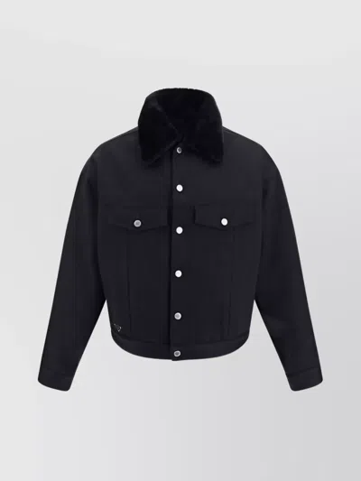 Prada Cotton Denim Quilted Jacket With Faux Fur In Black